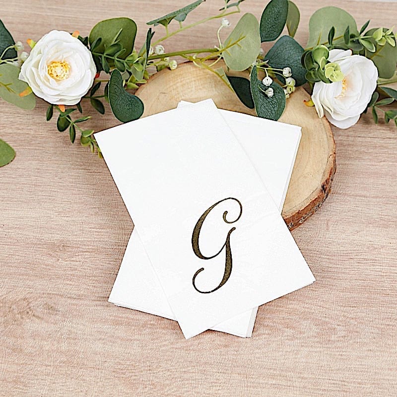 100 White Dinner Paper Napkins with Gold Foil Letter Design