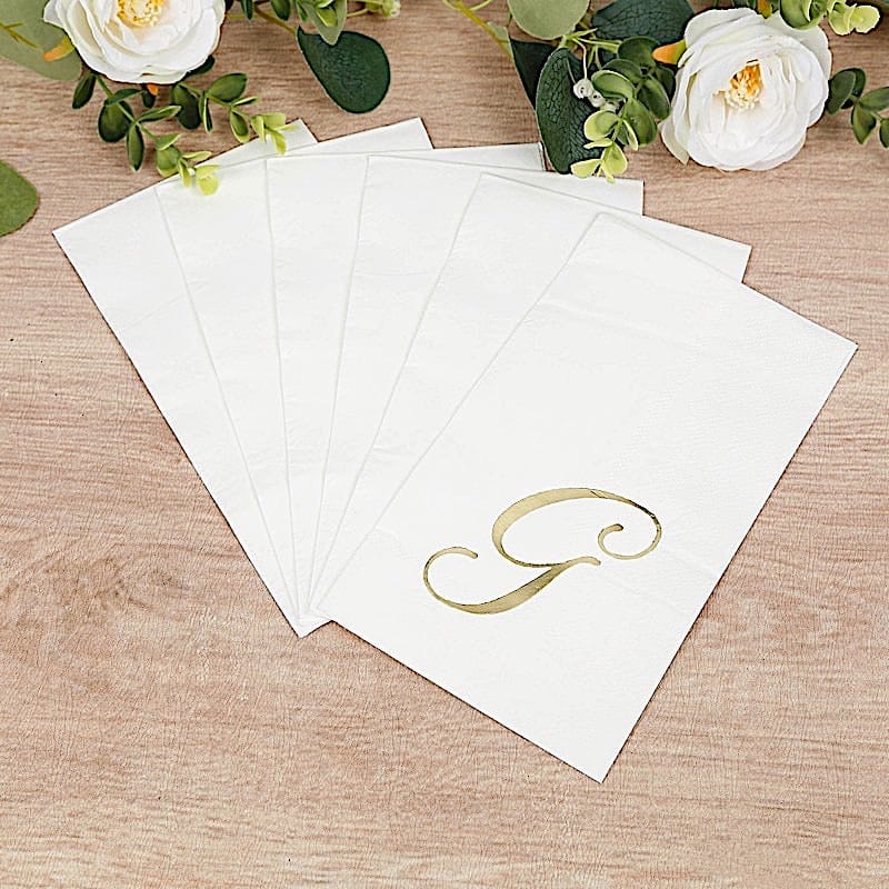 100 White Dinner Paper Napkins with Gold Foil Letter Design
