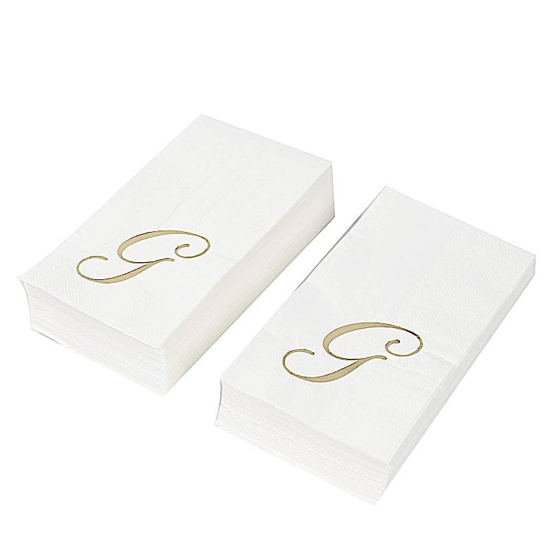 100 White Dinner Paper Napkins with Gold Foil Letter Design