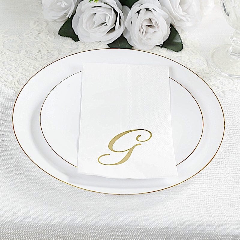 100 White Dinner Paper Napkins with Gold Foil Letter Design