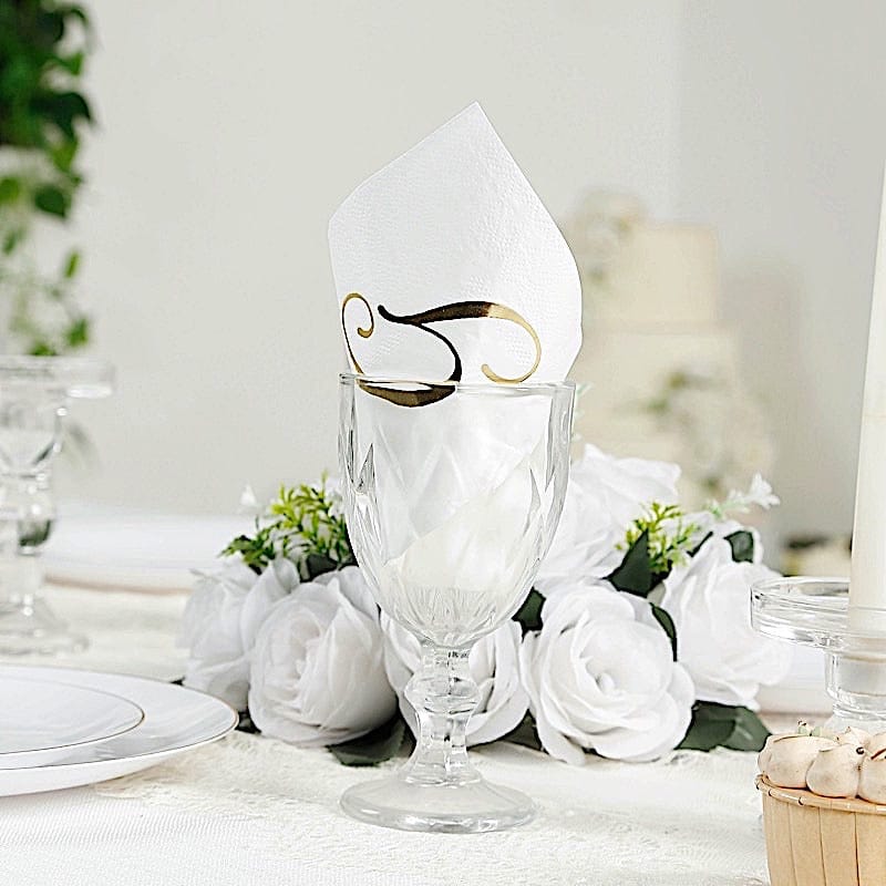 100 White Dinner Paper Napkins with Gold Foil Letter Design