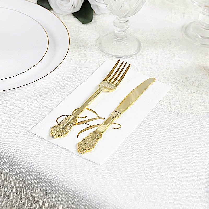 100 White Dinner Paper Napkins with Gold Foil Letter Design