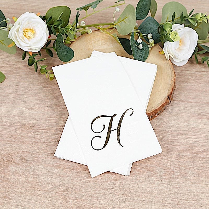 100 White Dinner Paper Napkins with Gold Foil Letter Design