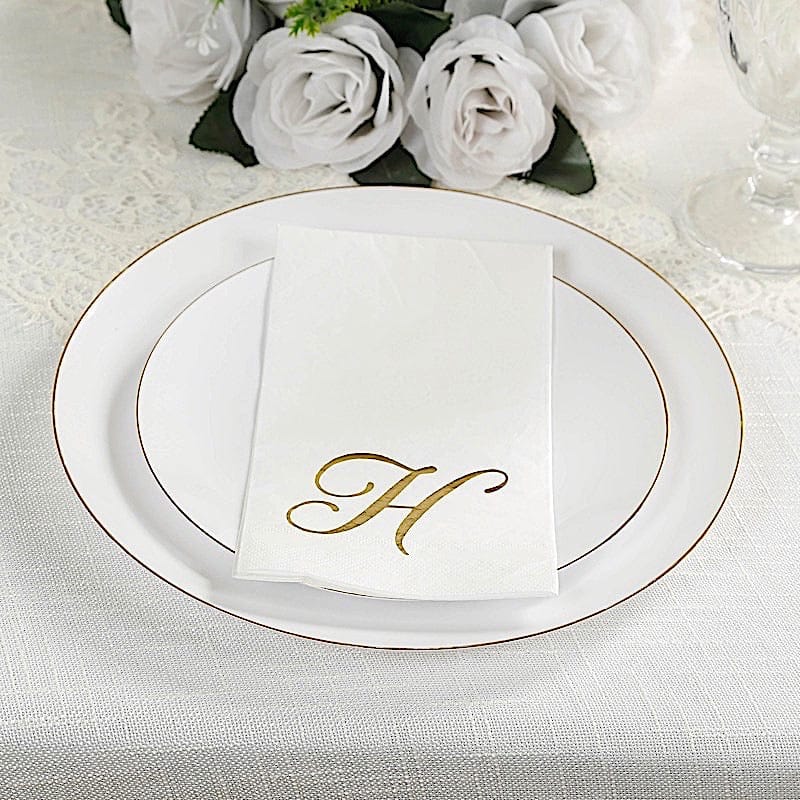 100 White Dinner Paper Napkins with Gold Foil Letter Design