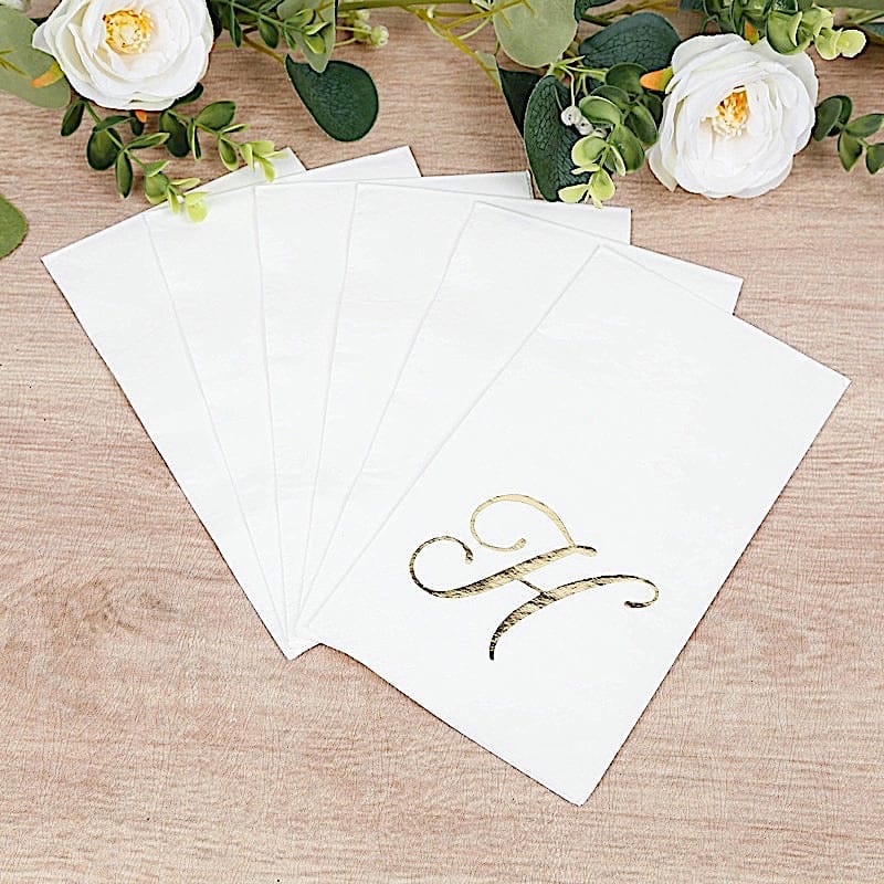 100 White Dinner Paper Napkins with Gold Foil Letter Design