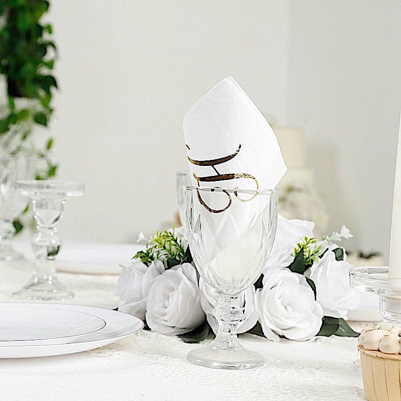 100 White Dinner Paper Napkins with Gold Foil Letter Design