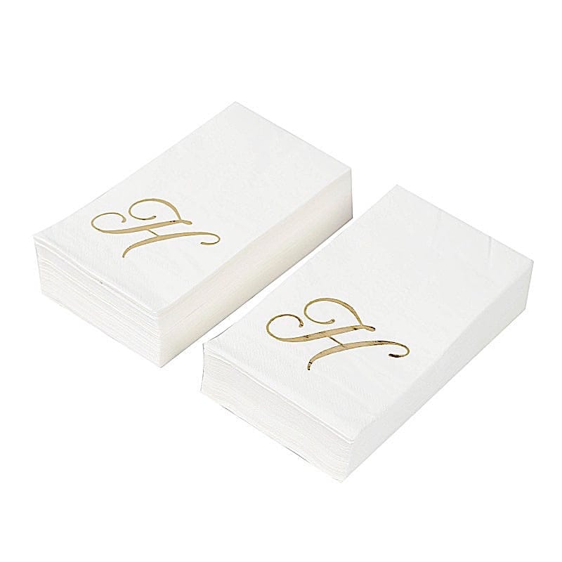 100 White Dinner Paper Napkins with Gold Foil Letter Design