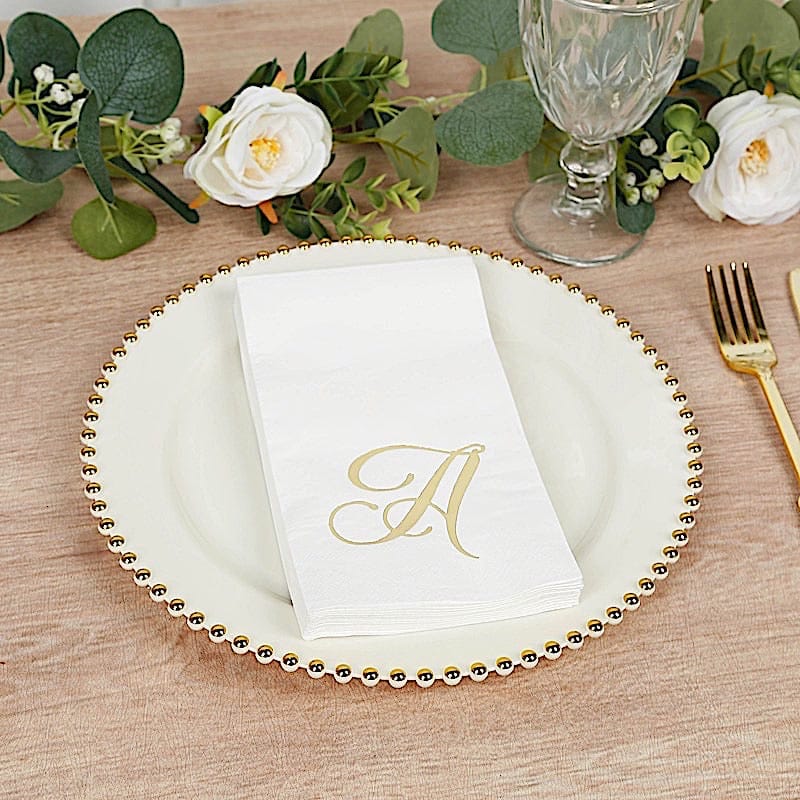 100 White Dinner Paper Napkins with Gold Foil Letter Design