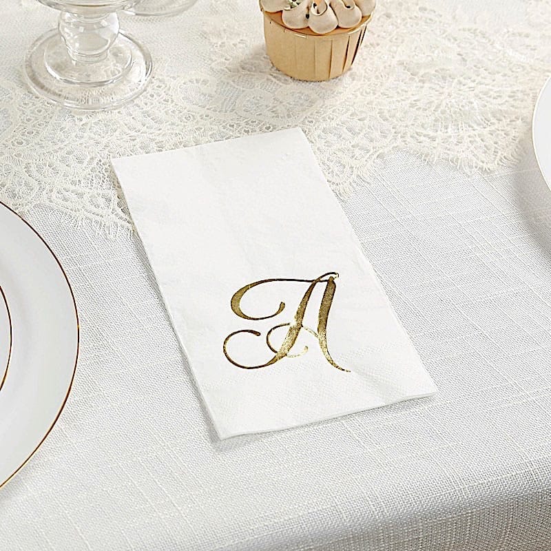 100 White Dinner Paper Napkins with Gold Foil Letter Design