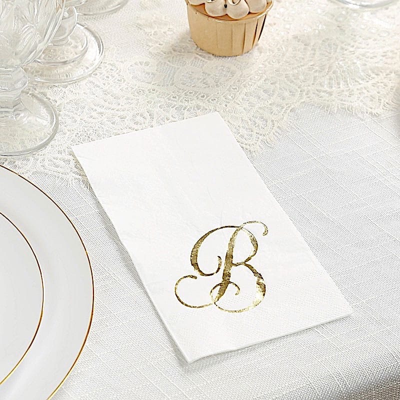 100 White Dinner Paper Napkins with Gold Foil Letter Design