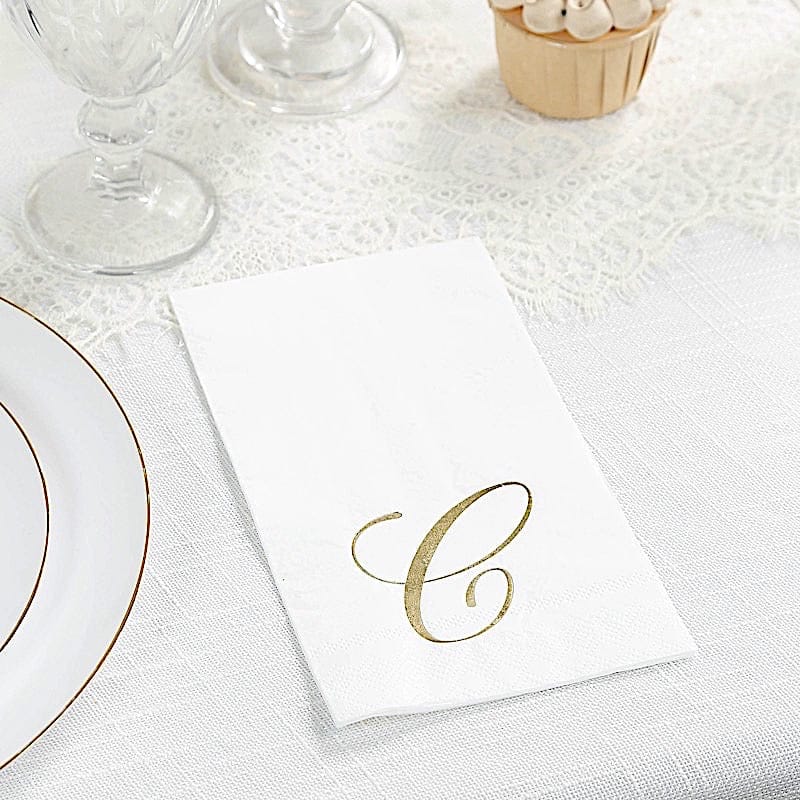 100 White Dinner Paper Napkins with Gold Foil Letter Design