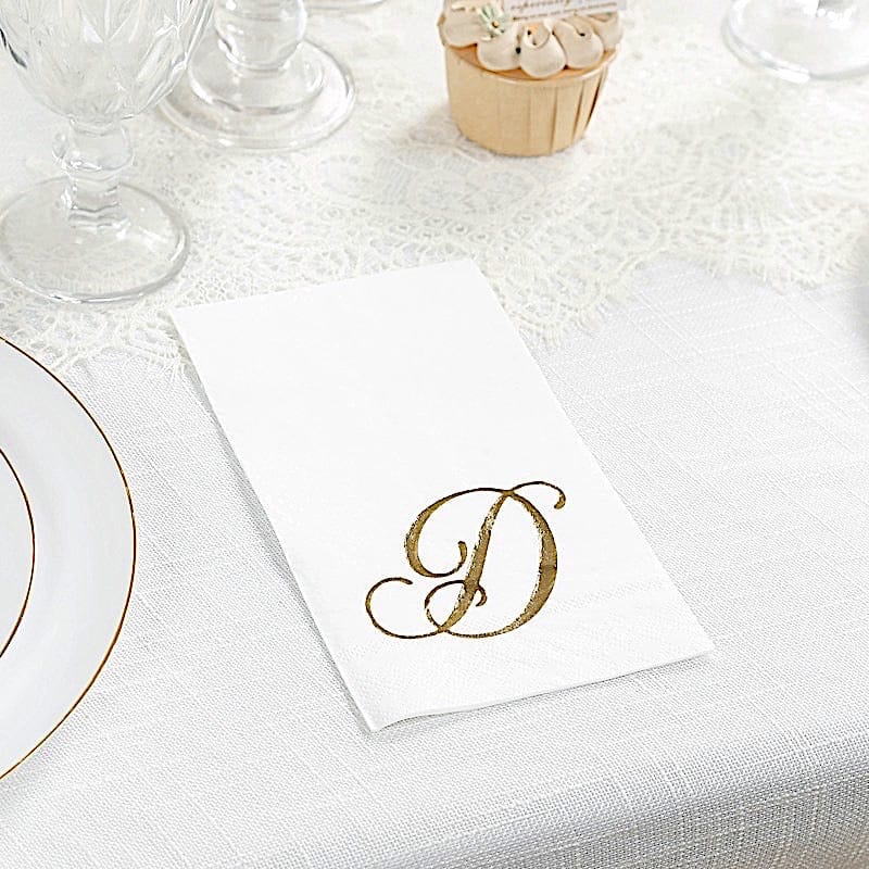 100 White Dinner Paper Napkins with Gold Foil Letter Design