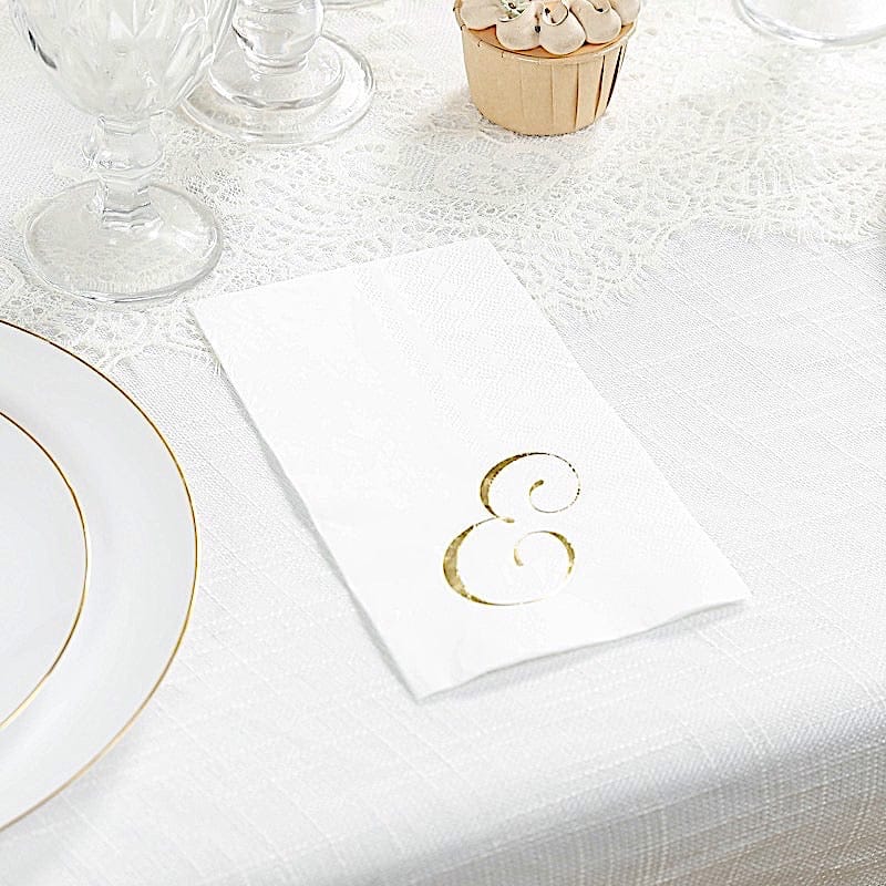 100 White Dinner Paper Napkins with Gold Foil Letter Design