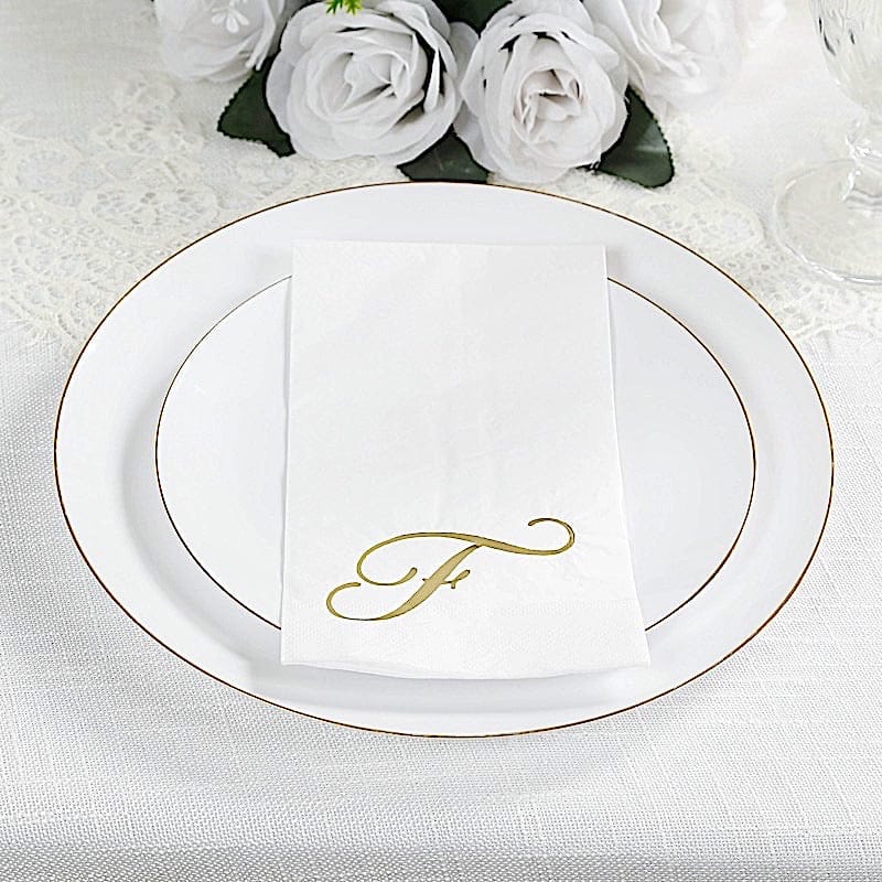 100 White Dinner Paper Napkins with Gold Foil Letter Design