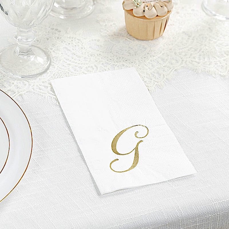 100 White Dinner Paper Napkins with Gold Foil Letter Design