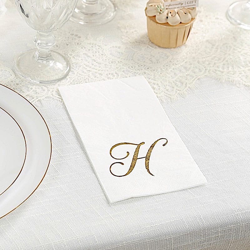 100 White Dinner Paper Napkins with Gold Foil Letter Design