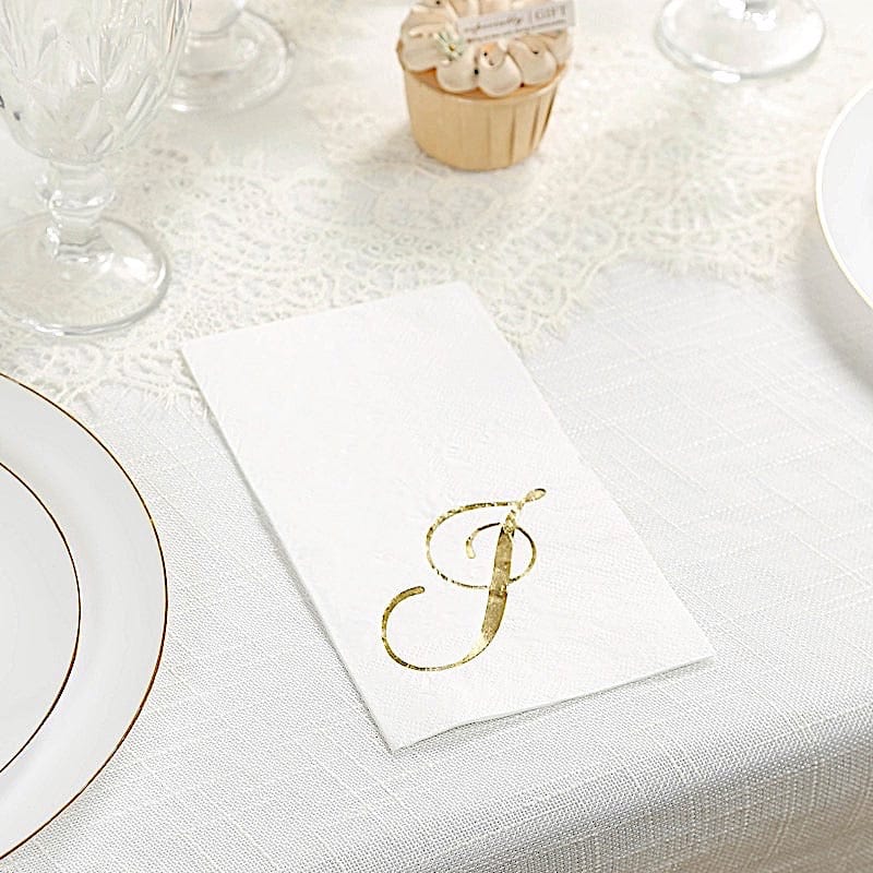 100 White Dinner Paper Napkins with Gold Foil Letter Design