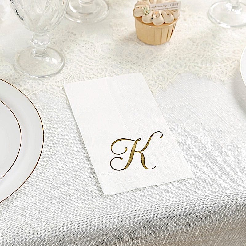 100 White Dinner Paper Napkins with Gold Foil Letter Design
