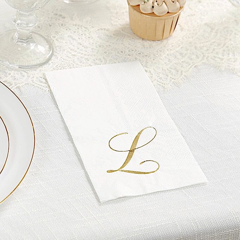 100 White Dinner Paper Napkins with Gold Foil Letter Design