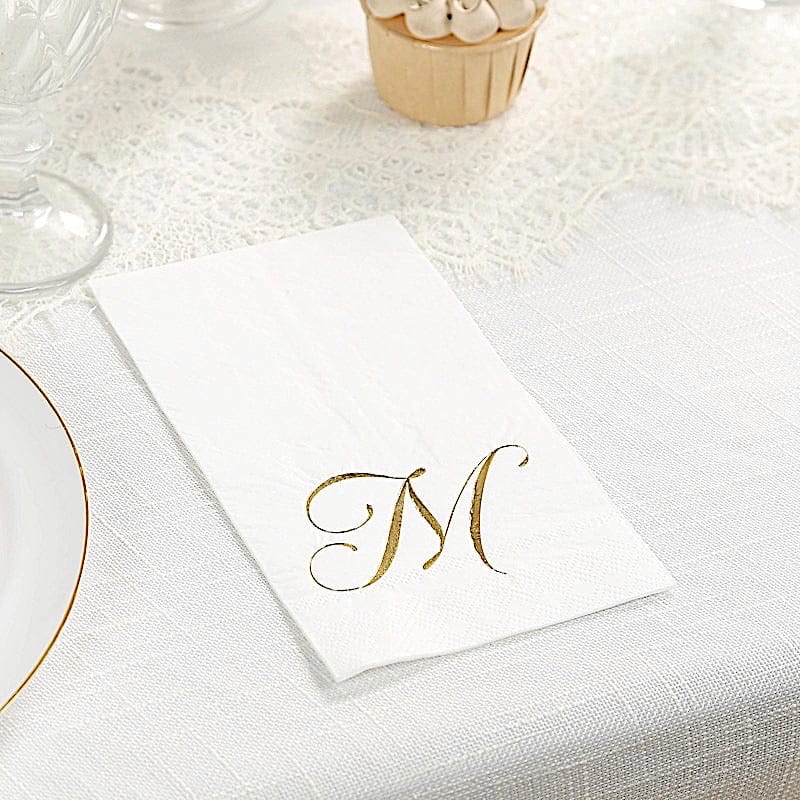100 White Dinner Paper Napkins with Gold Foil Letter Design
