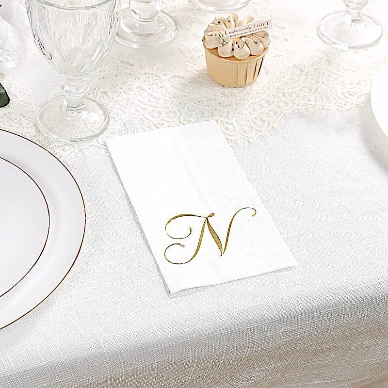 100 White Dinner Paper Napkins with Gold Foil Letter Design