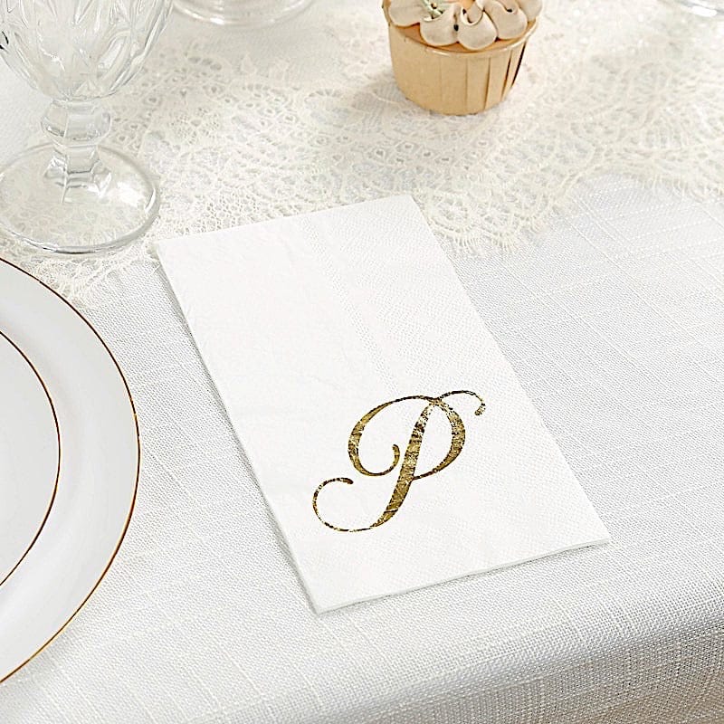 100 White Dinner Paper Napkins with Gold Foil Letter Design