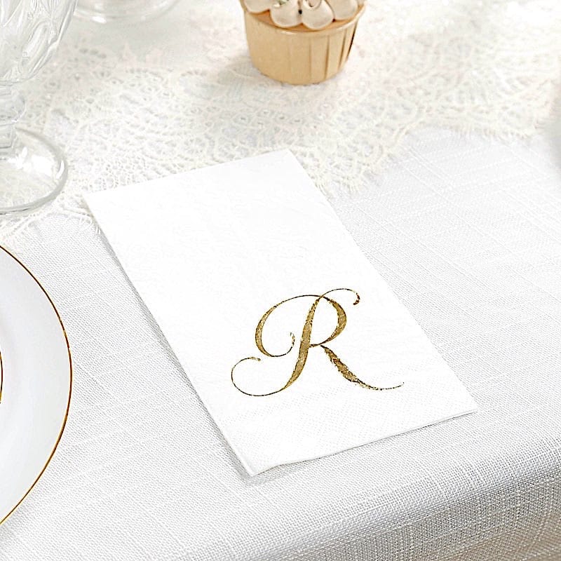 100 White Dinner Paper Napkins with Gold Foil Letter Design