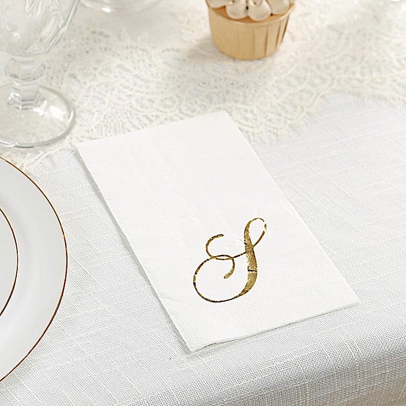 100 White Dinner Paper Napkins with Gold Foil Letter Design