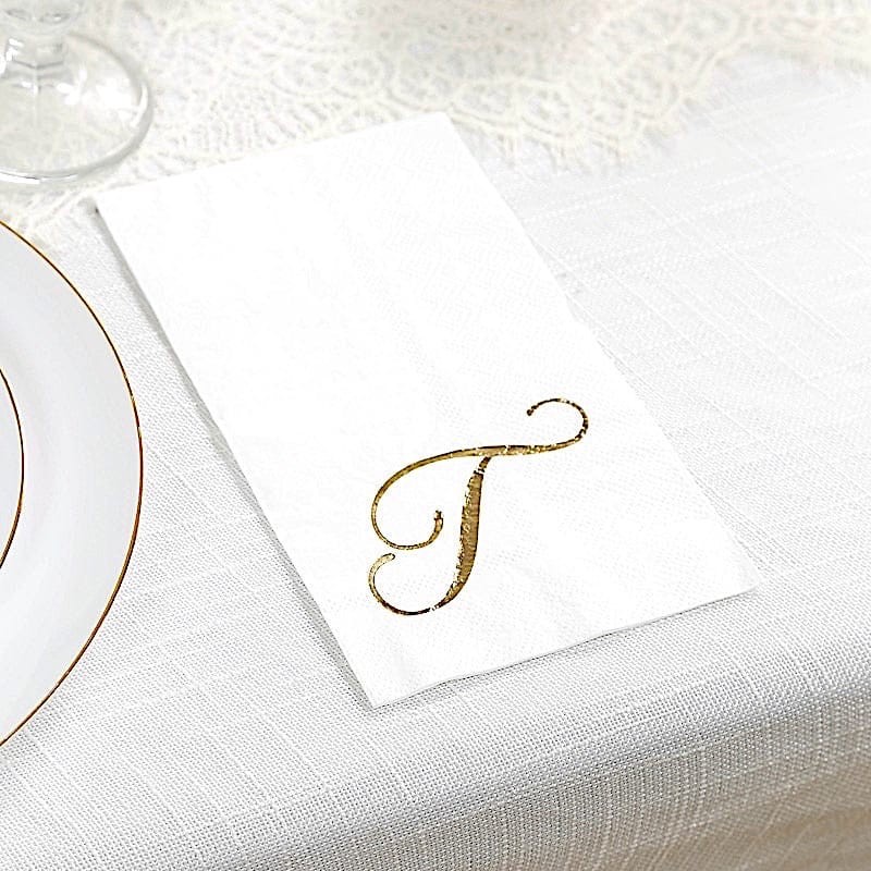 100 White Dinner Paper Napkins with Gold Foil Letter Design