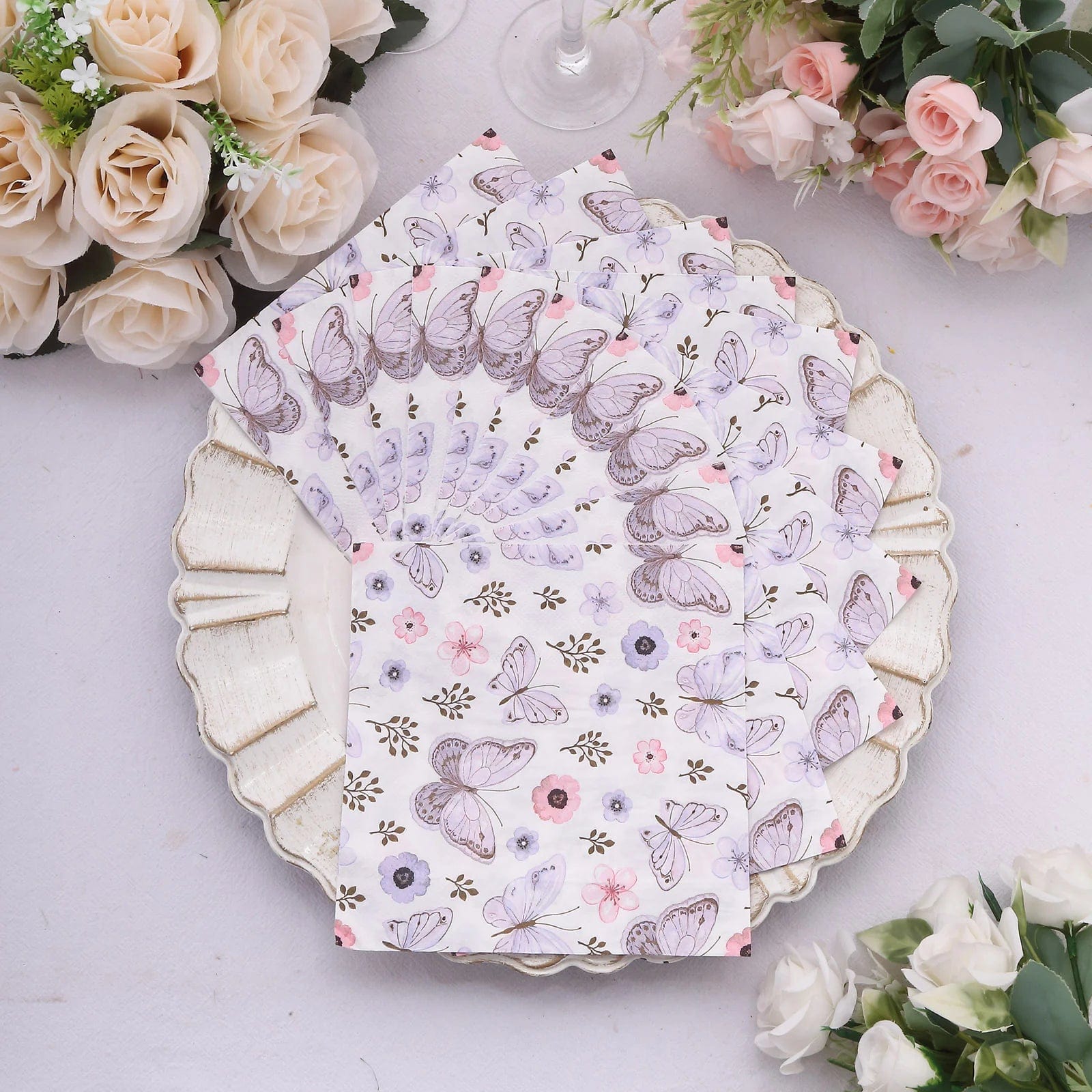 20 Ivory 13x13 in Cocktail Paper Napkins with Lavender Butterfly Design