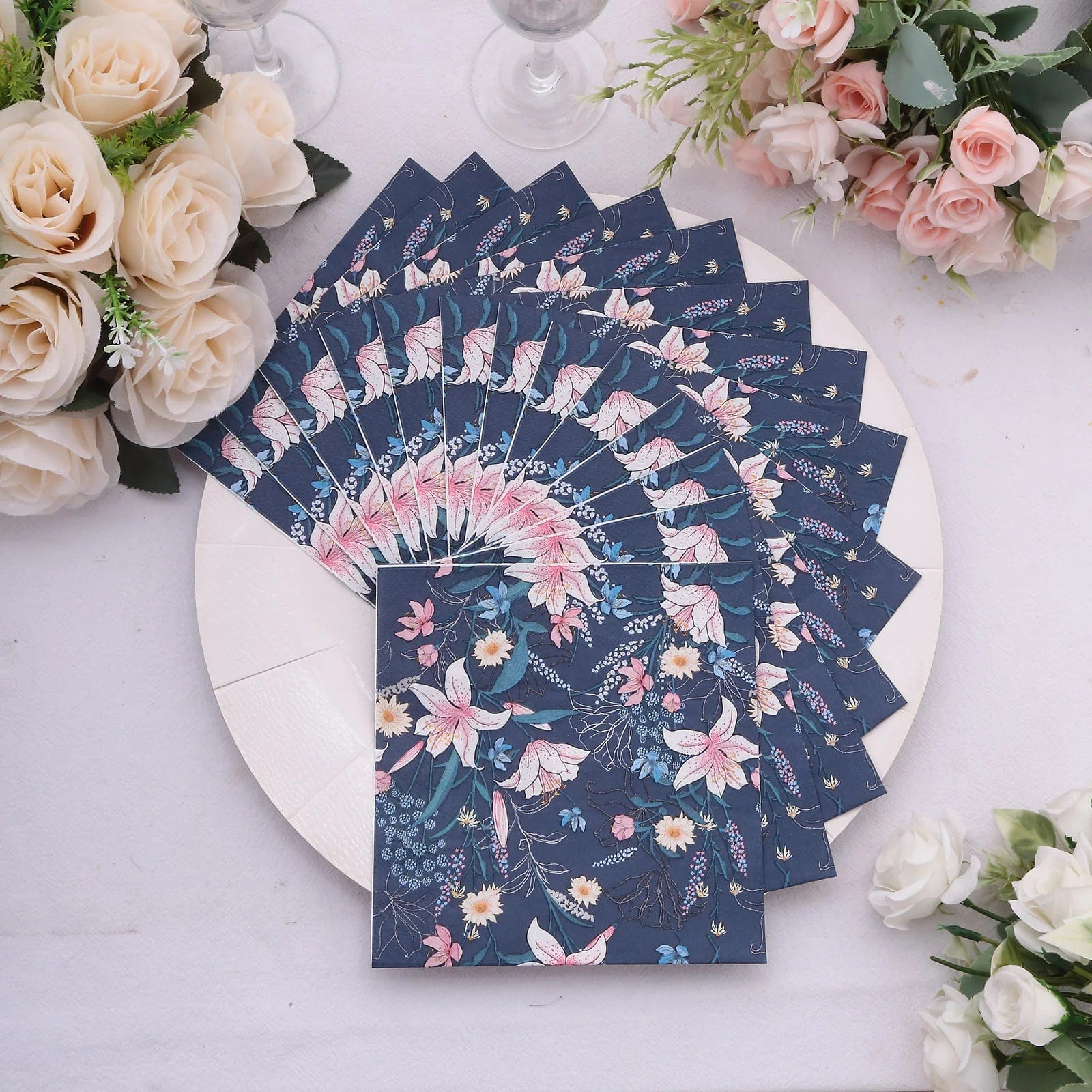 20 Navy Blue 13x13 in Cocktail Paper Napkins with Water Lily Design