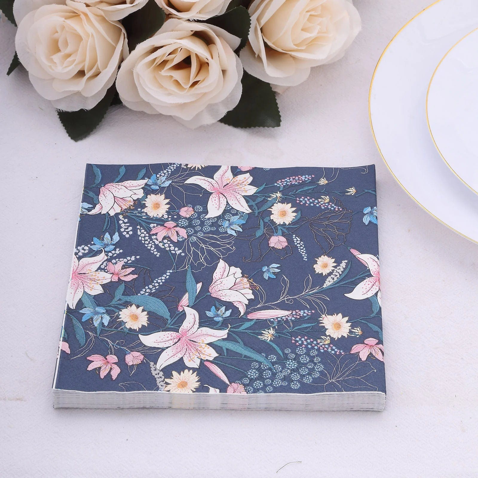 20 Navy Blue 13x13 in Cocktail Paper Napkins with Water Lily Design