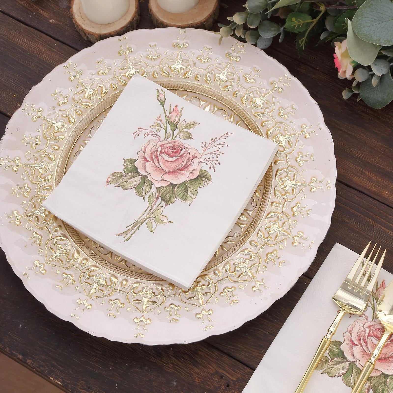 20 Ivory 13x13 in Cocktail Paper Napkins with Pink Rose Design