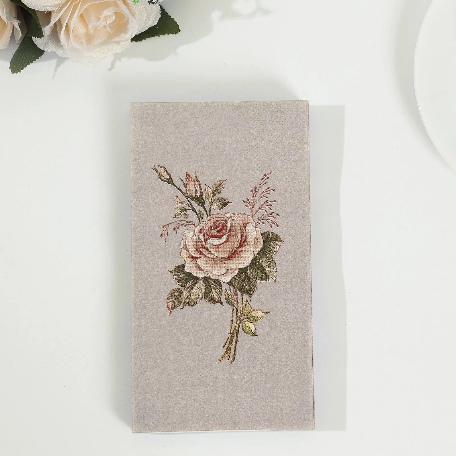 20 Pink Ivory 2 Ply Disposable Dinner Paper Napkins with Rose Print