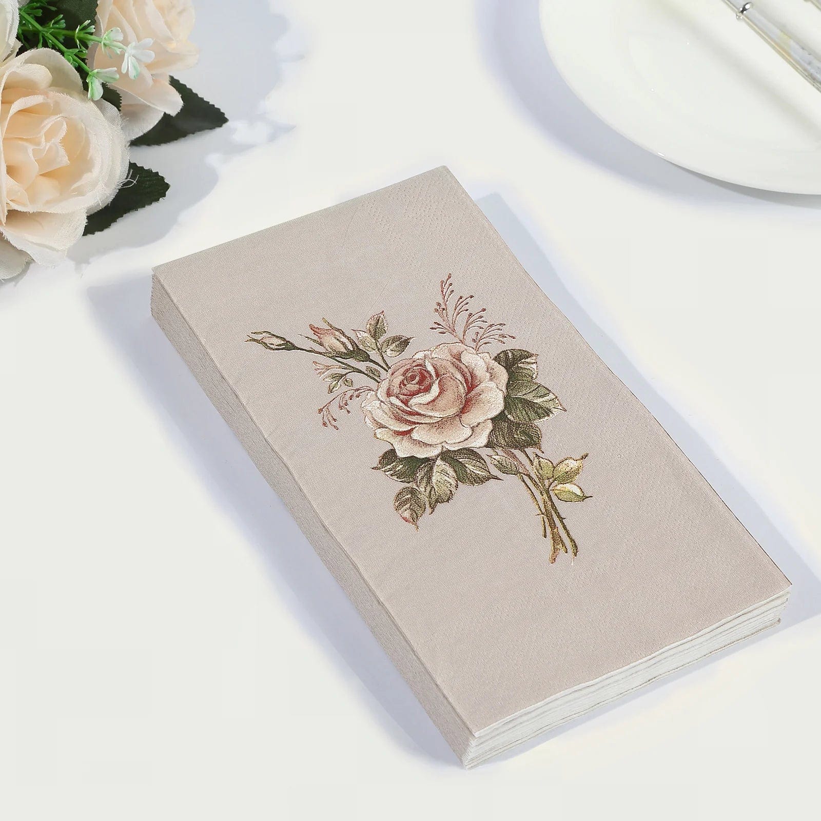 20 Pink Ivory 2 Ply Disposable Dinner Paper Napkins with Rose Print