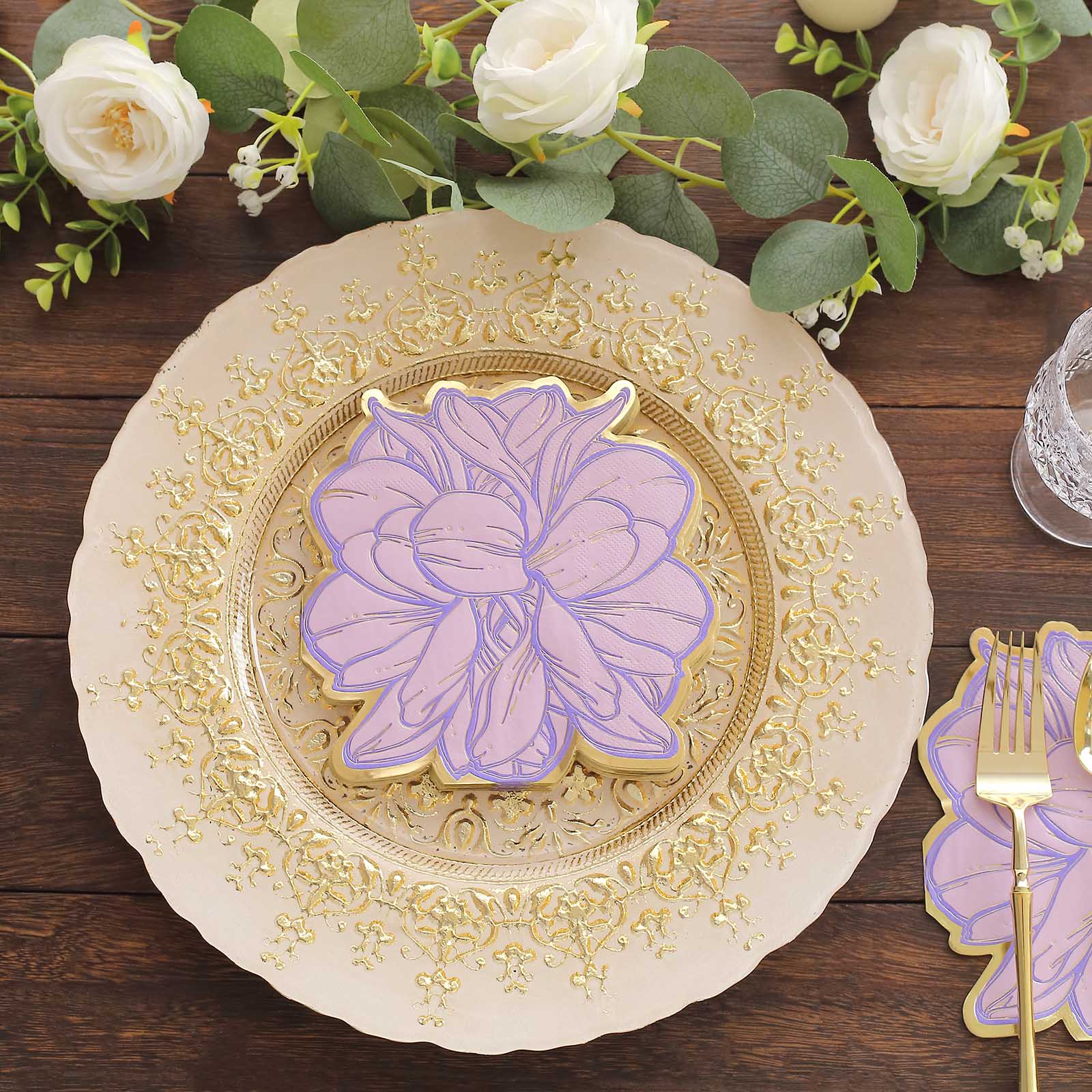 20 Purple Peony Flower Shaped Paper Beverage Napkins with Gold Edges