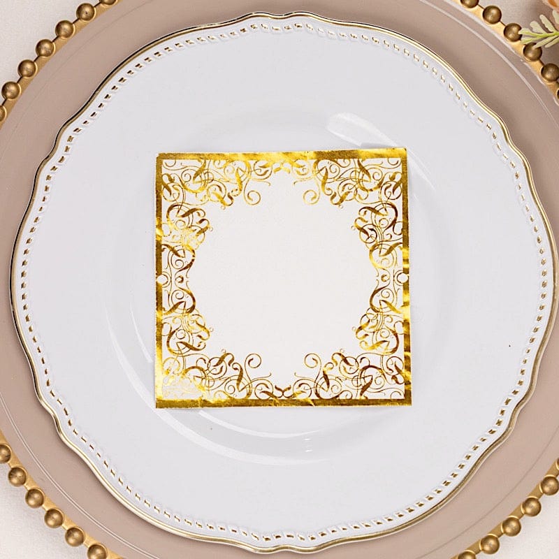 20 Soft 3 Ply Disposable Dinner Paper Napkins with Gold Lace Design