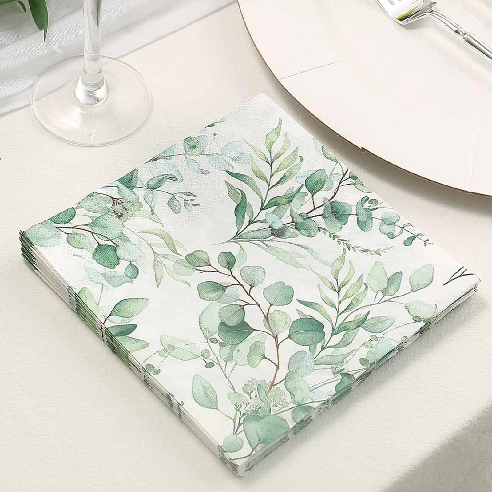 20 White 13x13 in Dinner Paper Napkins with Green Leaves Design