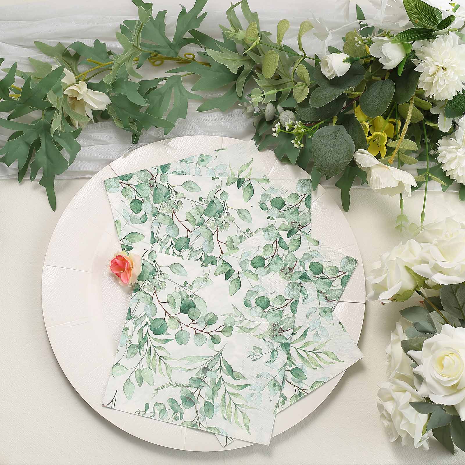 20 White 13x13 in Dinner Paper Napkins with Green Leaves Design