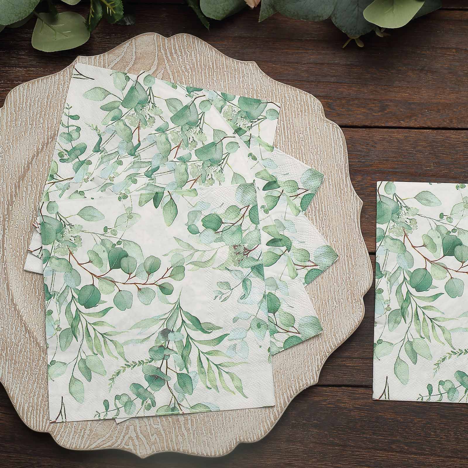 20 White 13x13 in Dinner Paper Napkins with Green Leaves Design