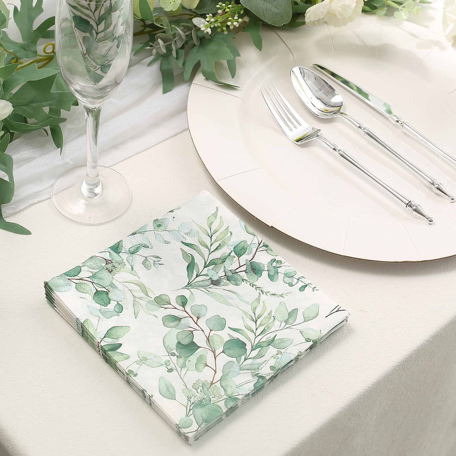 20 White 13x13 in Dinner Paper Napkins with Green Leaves Design