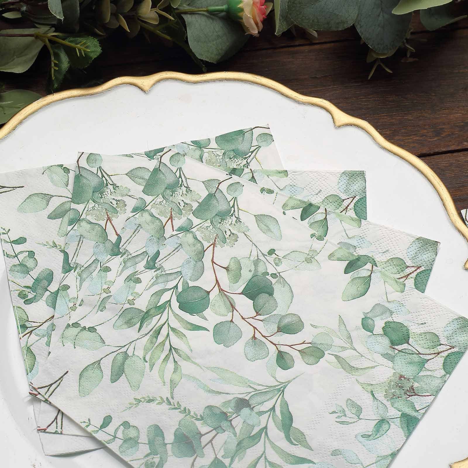 20 White 13x13 in Dinner Paper Napkins with Green Leaves Design
