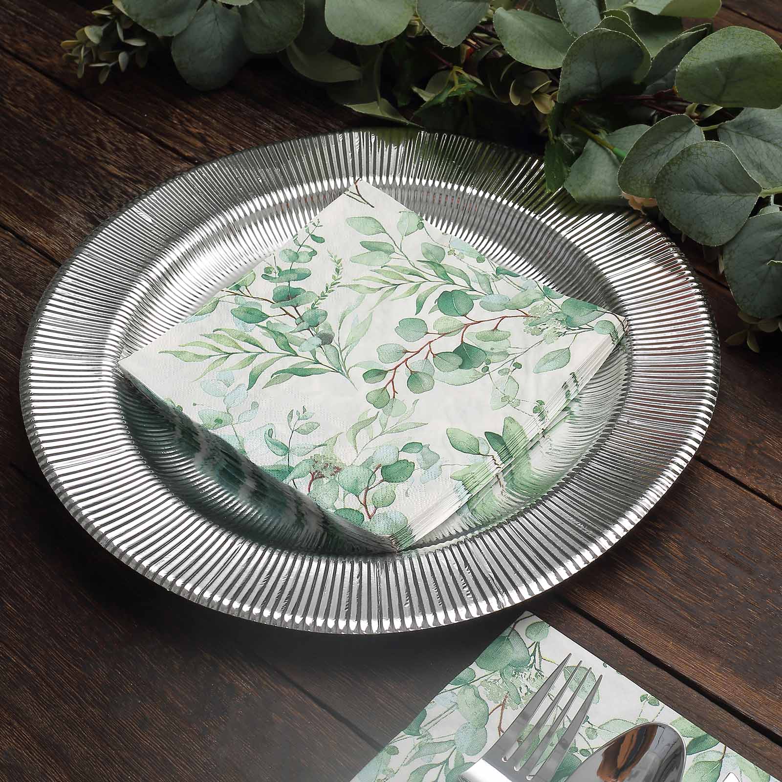 20 White 13x13 in Dinner Paper Napkins with Green Leaves Design