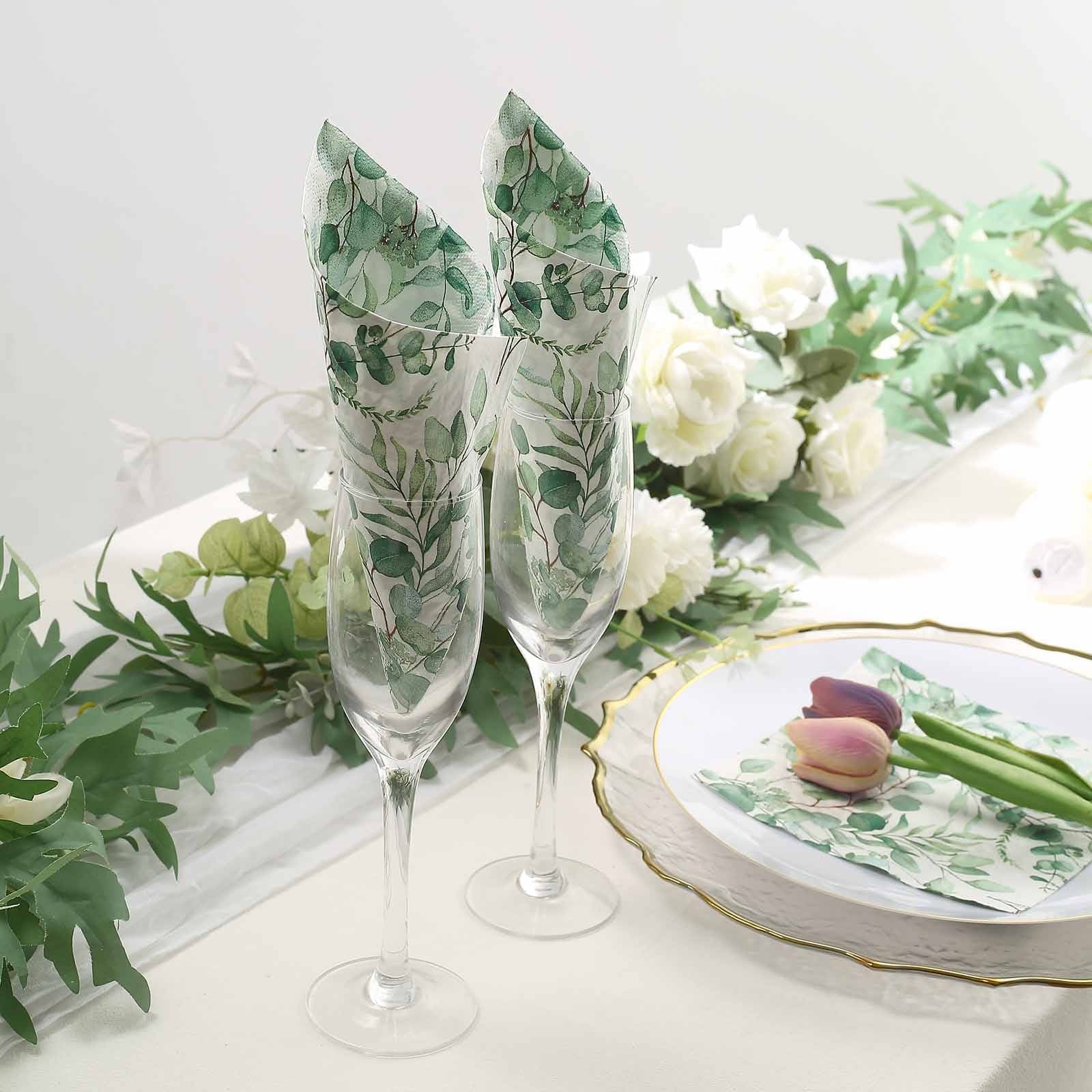 20 White 13x13 in Dinner Paper Napkins with Green Leaves Design