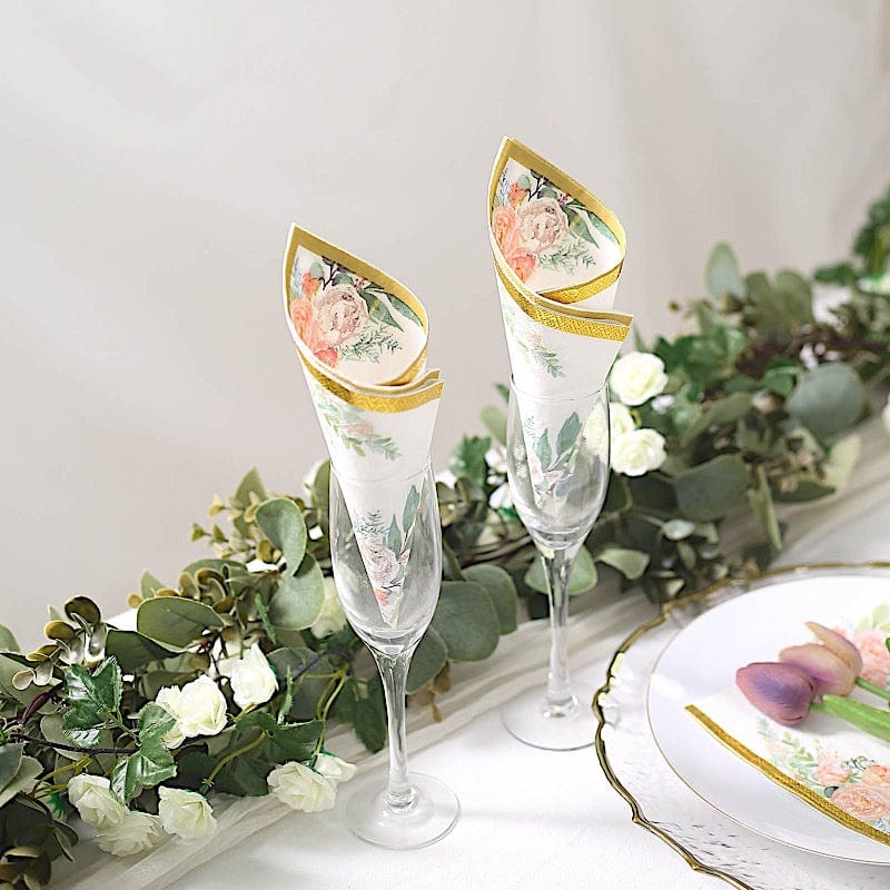 20 White 13x13 in Dinner Paper Napkins with Pink Peony Flower Design