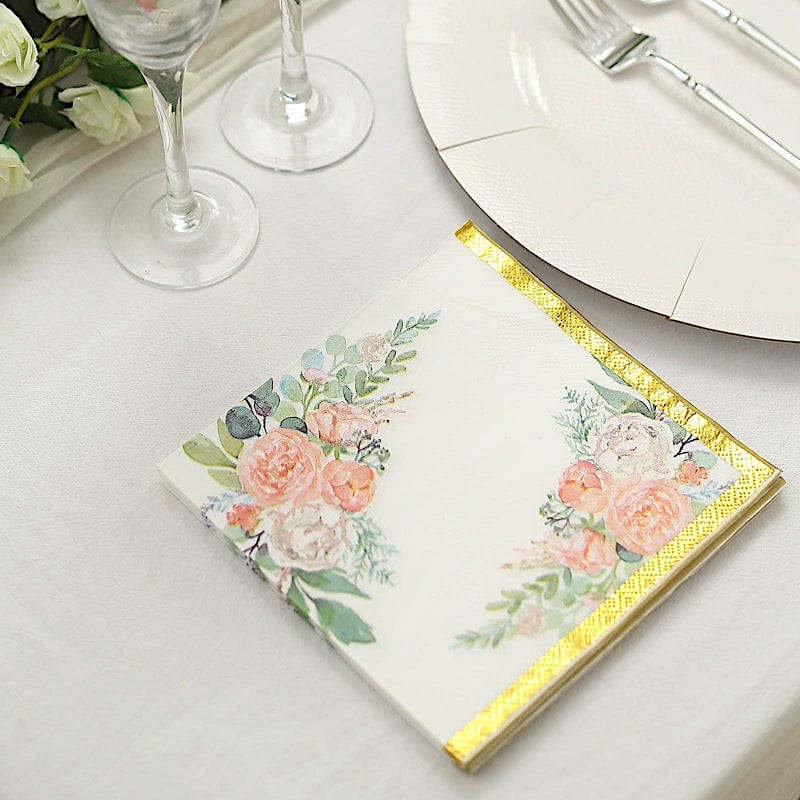 20 White 13x13 in Dinner Paper Napkins with Pink Peony Flower Design
