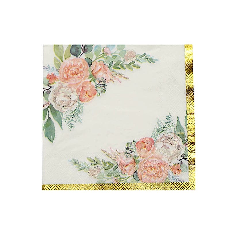 20 White 13x13 in Dinner Paper Napkins with Pink Peony Flower Design