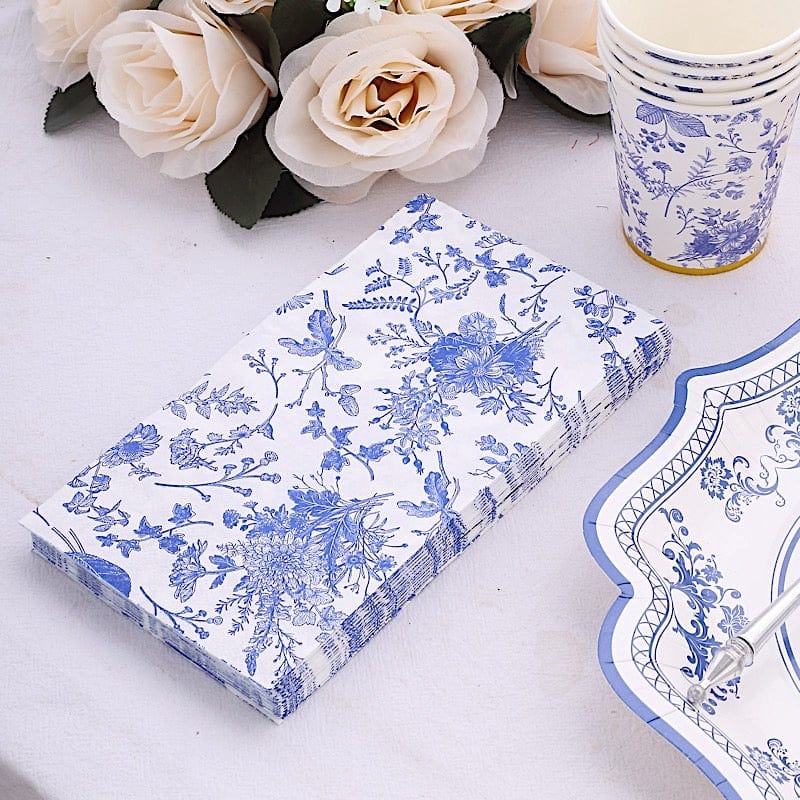 20 White 2 Ply Disposable Dinner Paper Napkins with Blue Floral Design