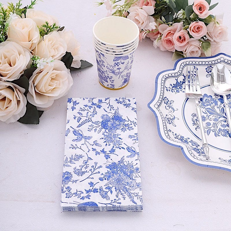 20 White 2 Ply Disposable Dinner Paper Napkins with Blue Floral Design
