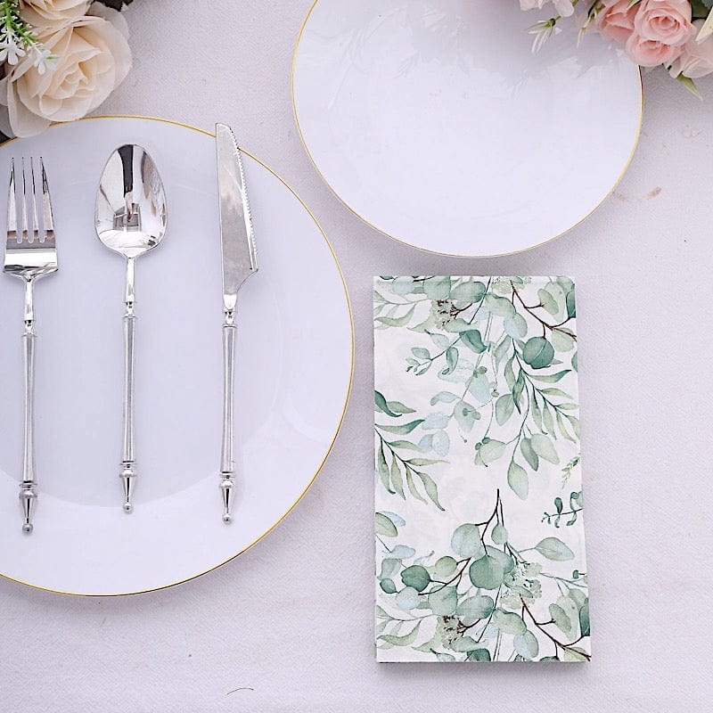 20 White 2 Ply Disposable Dinner Paper Napkins with Green Leaves Design